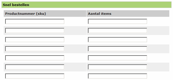 Snel Bestellen De vijfde knop in de uw mandje module is snel bestellen. Hiermee kunt u heel snel artikel nummers aan uw mandje toevoegen zonder deze eerst op te zoeken.