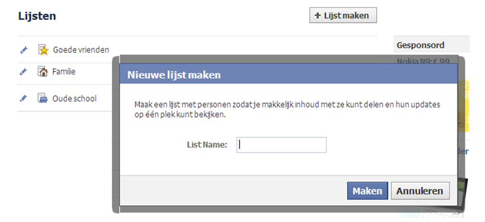 Facebook HOE WERK JE MET LIJSTEN? Hoe maak je een lijst? Wanneer je op de knop Lijst maken hebt geklikt, verschijnt er een kadertje.