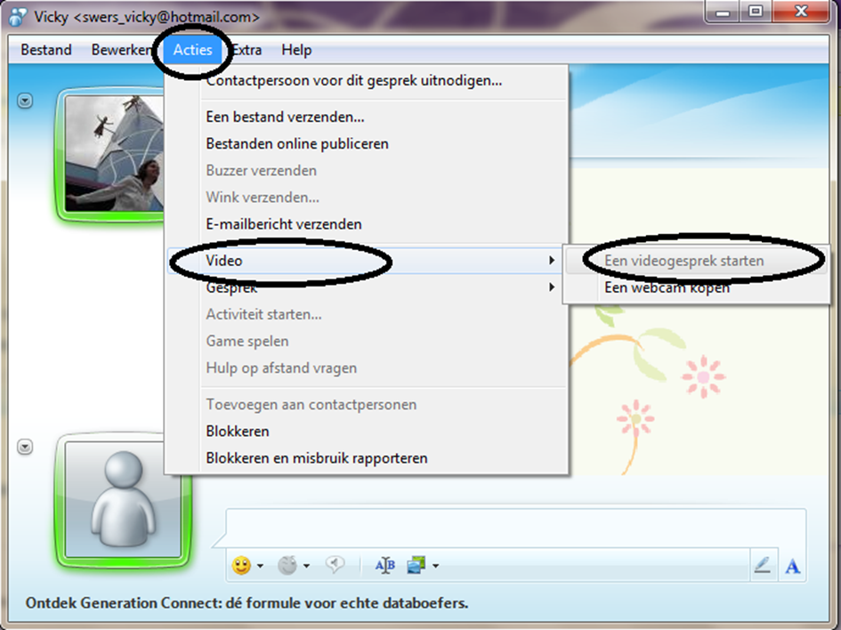Windows Live Messenger (MSN) HOE WERKT MSN? Hoe kan je chatten met een webcam? Als je wil chatten met een webcam, klik je in het chatvenster op acties. Dan zie je een grijs vakje.
