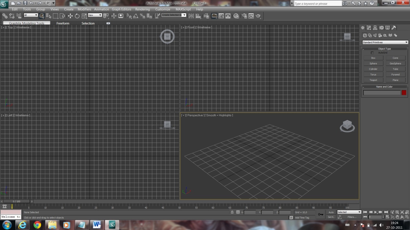 3Ds Max Basis: Modelling tot renderen Onderdeel 1: De Basis Basis scherm 3Ds Max Elk vlak is een viewport.