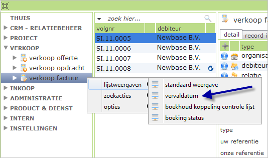 Er verschijnt nu een lijst met alle vervallen facturen (waarbij de vervaldatum voor de huidige datum ligt.