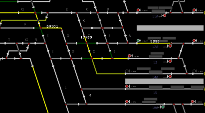 Afbeelding 10. Situatie om 16:05:02 Trein 59901 Trein 17450 Te zien is dat trein 17450 stoptonend sein 1288 passeert; trein 59901 buigt af richting spoor 16B. Afbeelding 11.