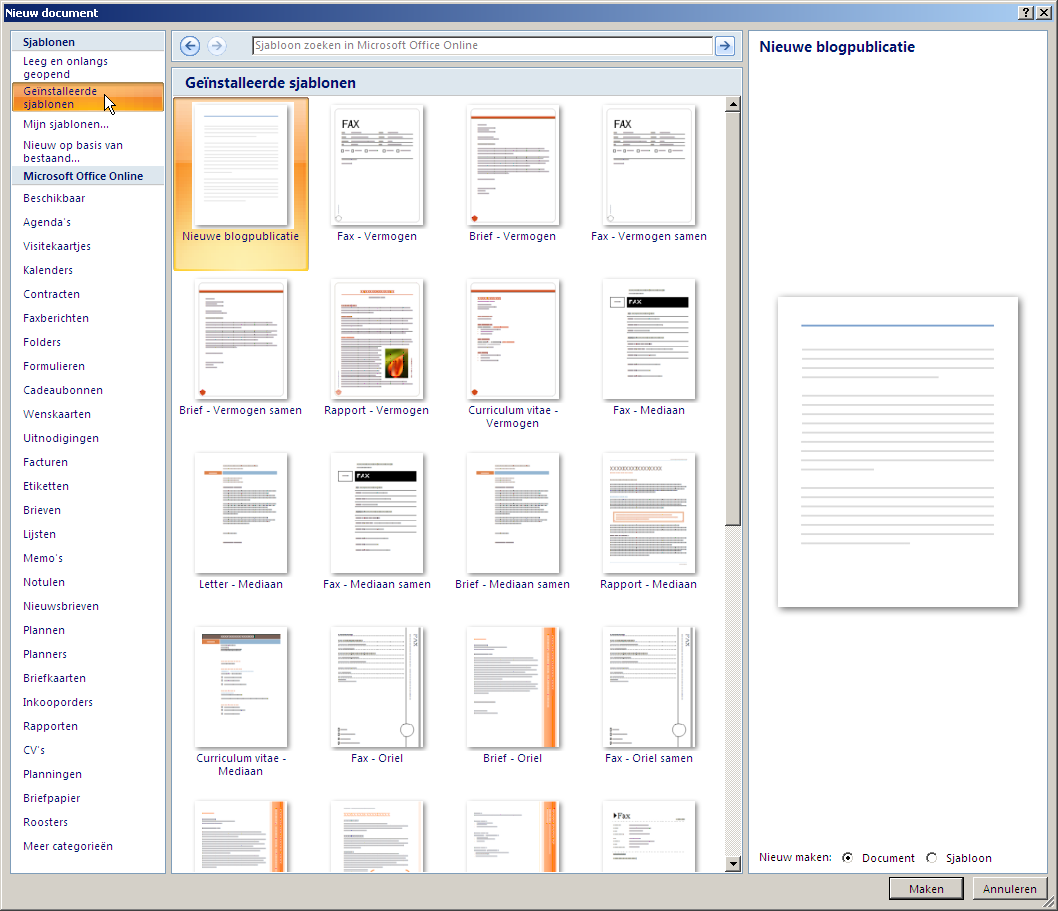 2.1.1.2 Geïnstalleerde sjablnen Klik in het linkerdeel van het venster Nieuw dcument p geïnstalleerde sjablnen U krijgt nu een verzicht van sjablnen die p uw PC geïnstalleerd zijn: Kies het gewenste