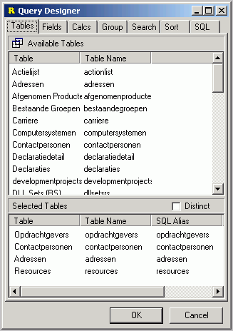94 Op de verschillende tabbladen kunnen tabellen en bijbehorende velden toegevoegd of verwijderd worden, ook zoekopdrachten en sorteringen behoren tot de mogelijkheden.