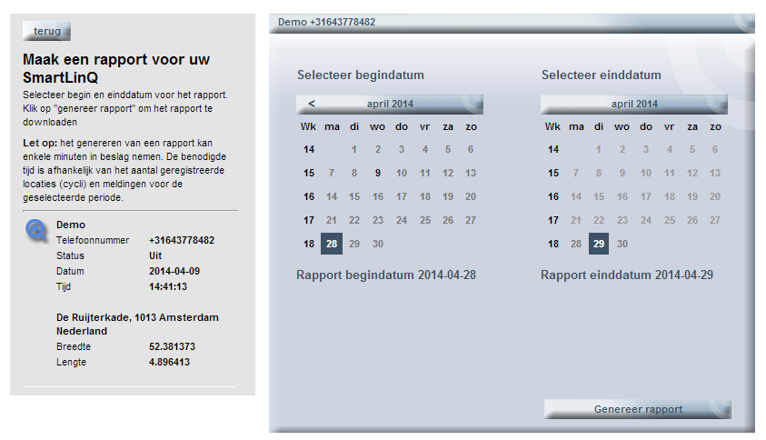 Rapportage Met behulp van de rapportage functie kan een rapport worden gemaakt waarin voor alle toestellen de volgende informatie kan worden opgenomen: Datum, tijd, toestelnaam, telefoonnummer,