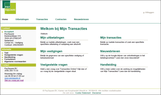 3 Homepage Mijn Transacties Na het inloggen komt u op de homepage van Mijn Transacties. Bovenin ziet u de menuopties, aan de linkerkant het Contractblok.
