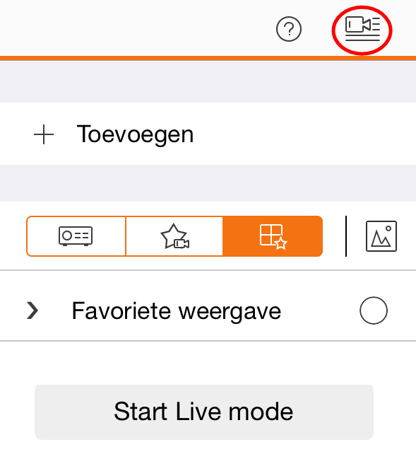 5. Opgeslagen favorieten bekijken Klik bovenaan rechts op het pictogram van de camera. Druk op het pijltje voor Favoriete weergave.