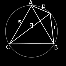 Stelling van Ptolemaeus: gelijkzijdige driehoek Gegeven: ABC is gelijkzijdig met zijde z P is willekeurig punt op omgeschreven cirkel van ABC Te Bewijzen: PC = PA + PB APBC is een koordenvierhoek