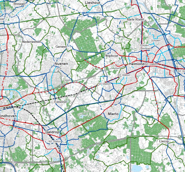84 Openbaar vervoer Het plangebied wordt per openbaar vervoer ontsloten door middel van busdiensten vanaf de NSstations in Eindhoven en Helmond. Figuur 6.12 Overzicht regionaal fietsnetwerk 6.7.