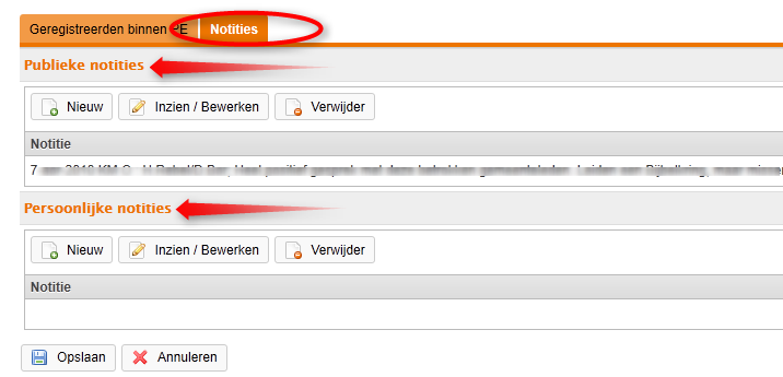 4. Klik op het tabblad Notities. U kunt hier kiezen om een publieke notitie of een persoonlijke notitie te maken. 5. Klik op de knop Nieuw. Het pop-up scherm Notitie toevoegen opent.