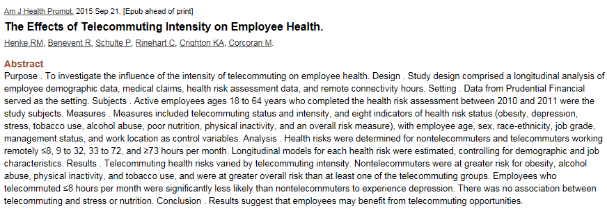 Employees who telecommuted 8 hours per month were significantly less likely than nontelecommuters
