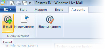 Instellen account Start Windows Live Mail, ga dan naar Accounts, u krijgt dan onderstaand scherm te zien.