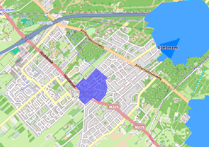 Figuur 1: Ligging Centrumplan Driebergen (paars) ten opzichte van de grondwaterbeschermingszones Driebergen en Doorn (blauwe kleuren).