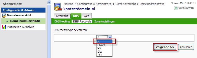 Het MX-record is toegevoegd. Het kan enige tijd duren voordat de wijziging is verwerkt. Tenslotte dient een A-record te worden toegevoegd. Klik wederom op Nieuw DNS record toevoegen.
