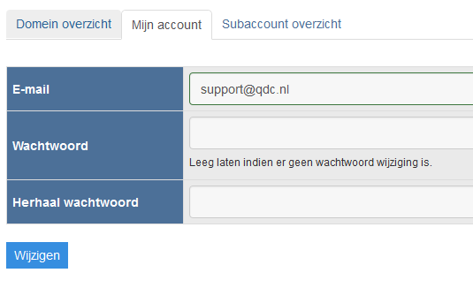 Op het hoofdscherm krijgt u een overzicht van al uw domeinnamen, welke op onze DNS-servers staan onder uw account. Het domein test.nl wordt in deze handleiding als voorbeeld gebruikt.