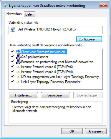 6. Je komt dan in onderstaand scherm uit. Bekijk de lijst met onderdelen. Internet Protocol versie 4 (TCP/IPv4) moet altijd aangevinkt staan.