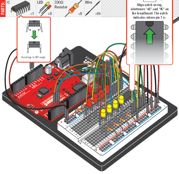 Circuit #14 Shift register 14 Nu stappen we in de wereld van de ICs (integrated circuits).
