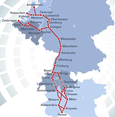 Vanuit de haven van Rotterdam zijn de belangrijkste corridors: de Rhine Alpine (rode lijn), de North Sea Mediterranean (lichtblauwe lijn) en de North Sea Baltic (gele lijn) (Keyrail, sdc).