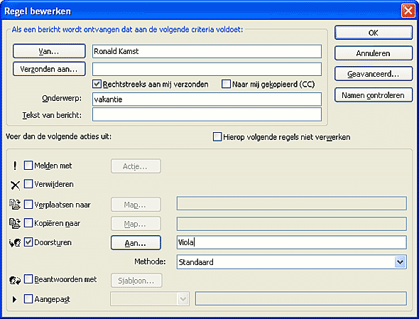 Uw e mail beheren bij afwezigheid Naast een bericht van afwezigheid kunt u ook kiezen wat er moet gebeuren met de ontvangen berichten.