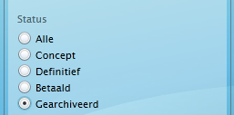 Status Concept laat alleen concept facturen zien in het overzichtscherm. Status Definitief laat alleen definitieve facturen zien in het overzichtscherm.