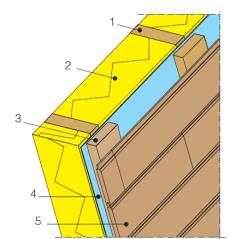 Buitenisolatie : houten gevelbekledingen Uitvoering : regenscherm Voldoende overlapping Horizontale voegen : 5cm Verticale voegen : 10cm Opengewerkte gevelbekleding UV-bestendigheid Aanbevolen