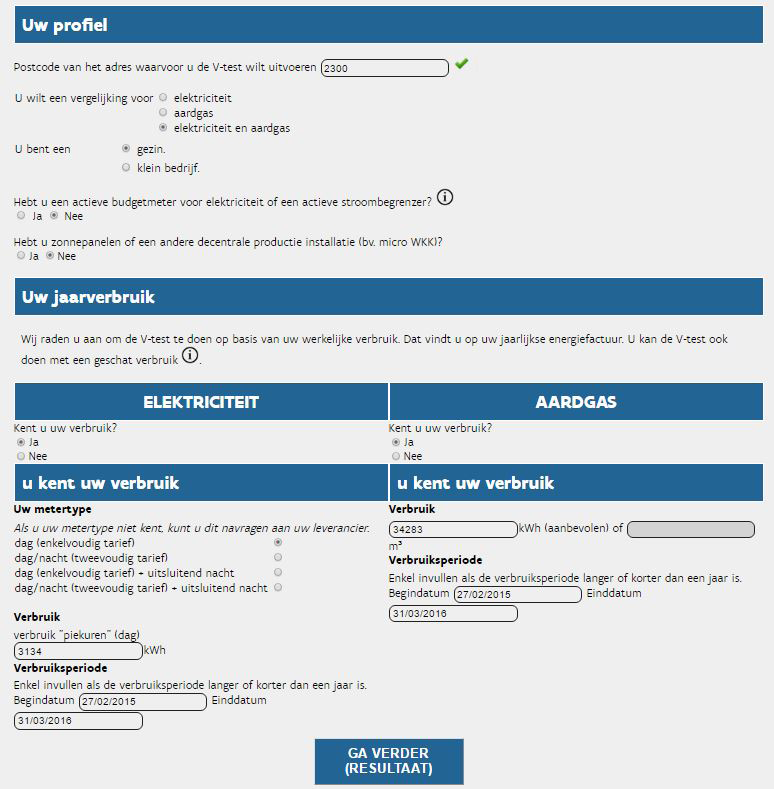 Voor het uitvoeren van de V-test moet u uw verbruik in kwh ingeven. Is uw verbruiksperiode korter of langer dan een jaar? Geef dan de periode in.