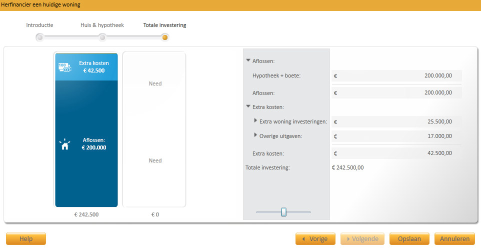 Bij de stap "Totale investering" kunt u de extra kosten invoeren die boven op de hypotheekaflossingen komen.