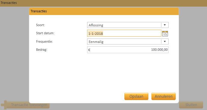 17 Transacties toevoegen in de Need Gelijk als in de Have fase is het nu mogelijk om extra transactie als aflossingen toe te voegen op bestaande