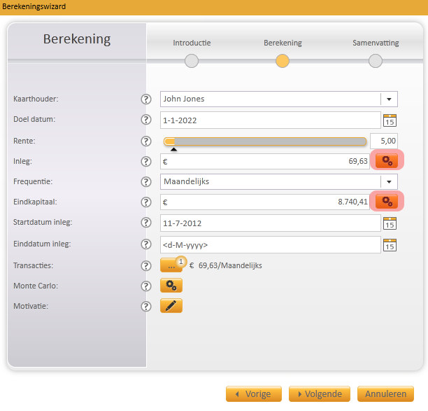 Wanneer u bijvoorbeeld de rente wijzigt of start/eind datum van een inleg zal dit resulteren in een andere waarde voor inleg en /of doel datum.