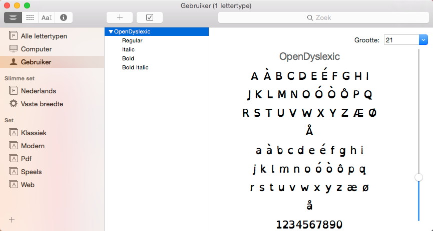 5. Open het lettertypeboek en sleep de resterende lettertypen van de map OpenDyslexic naar het lettertypeboek. 6. Sluit nu het lettertypeboek. 3.