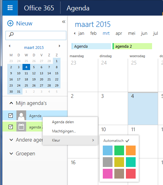Agenda In Office 365 zit ook een agenda module zoals hieronder te zien is.