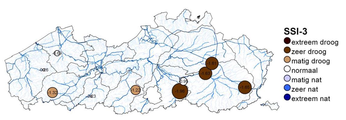 3b. Droogte-indicatoren Droogte: actuele toestand / voorspelde toestand Hydrologische droogte: Standardized streamflow index (SSI) -SSI-1 en