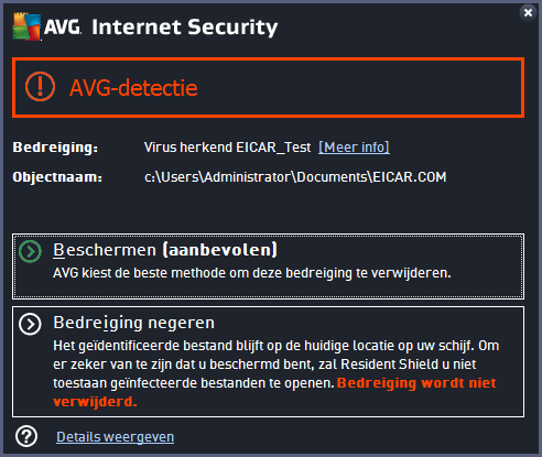 Dit waarschuwingsvenster bevat informatie over het object dat is gedetecteerd en is aangemerkt als geïnfecteerd (Bedreiging) en enkele feiten over de herkende infectie (Omschrijving).