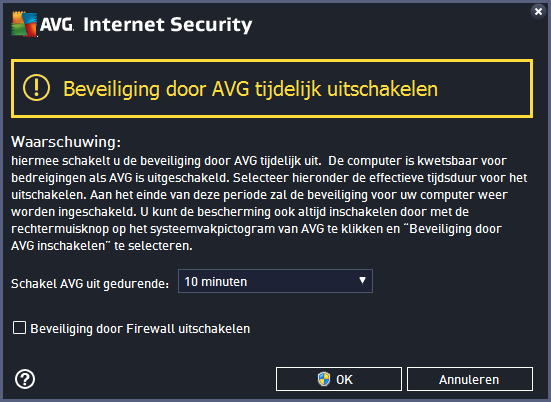 De AVG-beveiliging tijdelijk uitschakelen Klik op de knop Beveiliging door AVG tijdelijk uitschakelen.