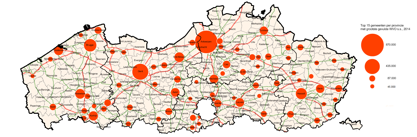 Figuur 19: Top-15 gemeenten per provincie naar winkelvloeroppervlakte (wvo) in 2014 Bron gegevens: Locatus