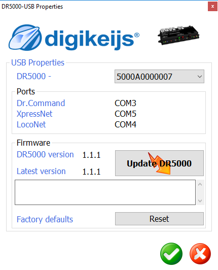 7.9 USB 2.0 1) Het serienummer van de aangesloten DR5000 centrale. 2) De toegewezen COM poorten aan de DR5000 centrale. 3) De huidige firmware versie van uw DR5000.