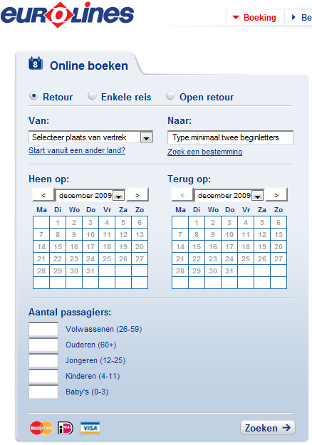 STAP 1 - Selecteer retour ticket(retour) of (Enkele Reis) - Selecteer plaats van vertrek( Selecteer plaats van vertrek) - Typ minimaal twee beginletters van de gewenste bestemming.