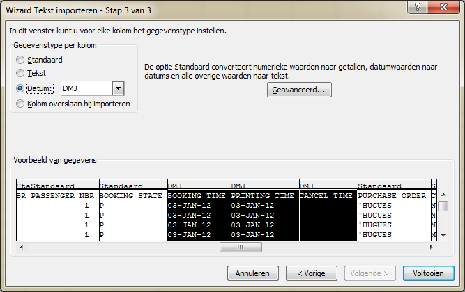 Departure_Date moet Datum zijn Booking, printing en cancel time moeten ook datum velden zijn