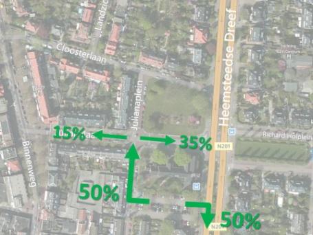 2.4.2. Verkeersafwikkeling De in- en uitgang van de garage bevindt zich parallel aan de bibliotheek op het huidige parkeerterrein. Afbeelding 7: Verkeerstromen en globale verdeling van het verkeer.