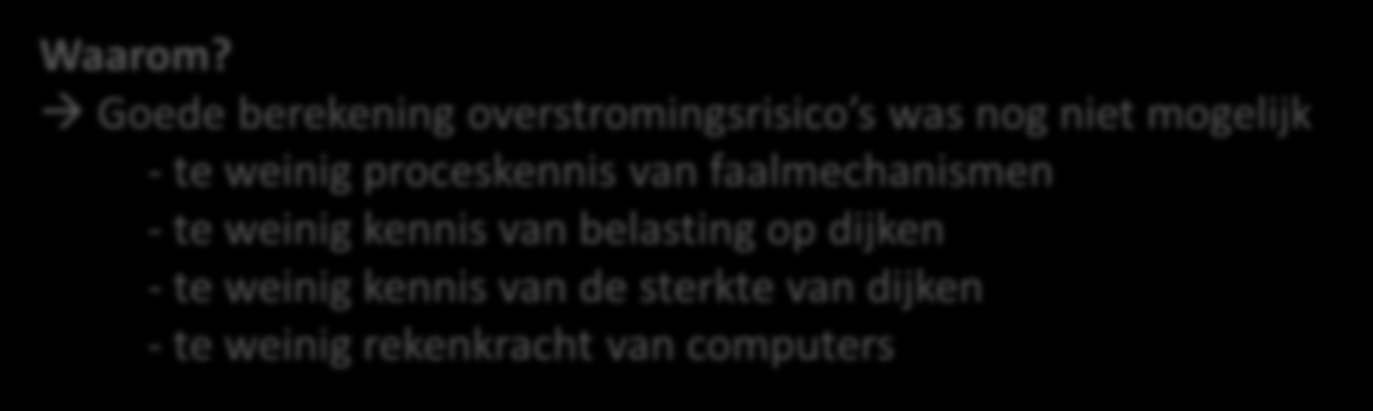 Waterveiligheidsbeleid tussen 1953 en 2014 Beschermingsniveaus per dijkring Uitgedrukt in overschrijdingskans maatgevende hoogwaterstand Waarom?