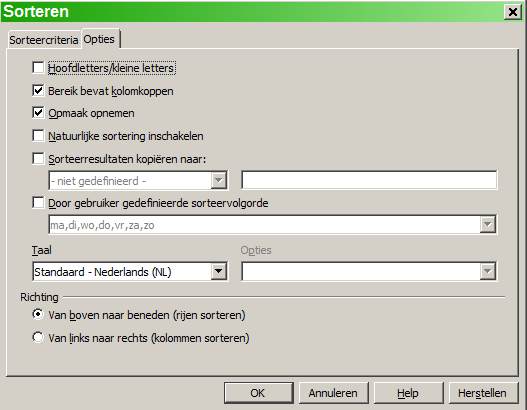 Afbeelding 5. Opties voor sorteren instellen. Waarschuwing Wanneer een cel wordt verplaatst gedurende een sorteerbewerking, worden de externe verwijzingen naar die cel niet bijgewerkt.