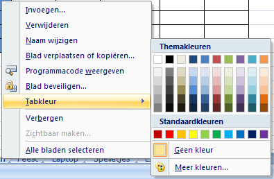 typ ter bevestiging het wachtwoord nog een tweede maal; klik vervolgens op ok; 6 tabkleur instellen Hiermee kan je de tabs van de verschillende werkbladen een andere kleur geven.