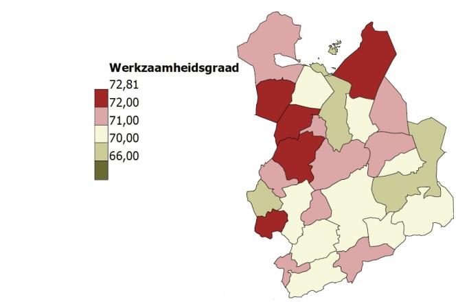 Turnhout, Mol en Grobbendonk hebben met een werkzaamheidsgraad van minder dan 70% de laagste score. Figuur 5: Werkzaamheidsgraad per gemeente in de Kempen, 2011 (bron: Lokale statistieken) 1.