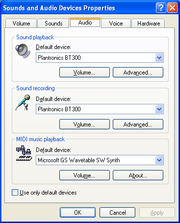 Audio-instelling op de pc voor Windows XP (U kunt dit scherm als volgt bereiken: Start > Configuratiescherm > Geluiden en audioapparaten) Standaardinstelling: alle pc-geluiden en audio worden