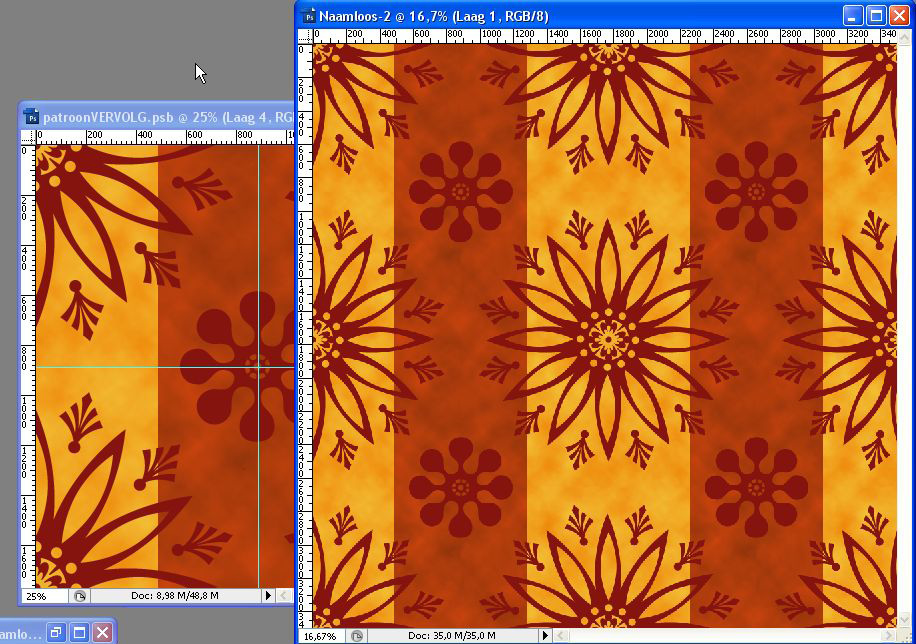 Maak van de drie kleurlagen eerst weer één laag (b.v. met Verenigd kopiëren en Plakken ). Om het patroon naadloos aan te laten sluiten als het herhaald wordt keren we de afbeeldig binnenstebuiten.