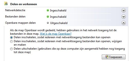 5. Windows Vista gebruikt de Openbaar map voor delen op het locale netwerk. Om deze functionaliteit in te schakelen Klik Openbare mappen delen in het Netwerkcentrum.