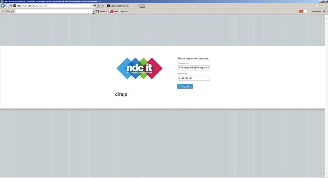 Stap 2 Inloggen op de NDC-IT Cloud Infrastructuur Nadat u de Citrix Receiver hebt geinstalleerd en uw computer opnieuw is gestart kunt u inloggen op de NDC-IT omgeving.