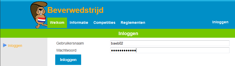 Stap 5: Gebruik van Gebruikersnaam en Wachtwoord bij het begin van de wedstrijd Zorg dat http://wedstrijd.beverwedstrijd.nl is opgestart.