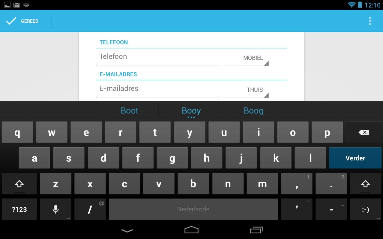 Hoofdstuk 4 De standaard apps op uw Google Nexus tablet 77 U ziet het venster waarin u een nieuwe contactpersoon kunt toevoegen: In dit voorbeeld wordt een fictief contactpersoon