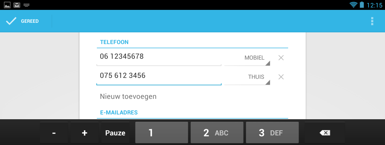 78 Basisgids Werken met de Google Nexus tablet In dit veld vult u het mobiele telefoonnummer in: Typ het mobiele nummer van uw contactpersoon U voegt nog een regel voor een telefoonnummer toe: Let op!